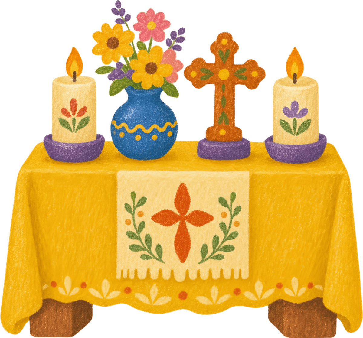 colorful graphic of an altar table with candles, flowers, and a cross